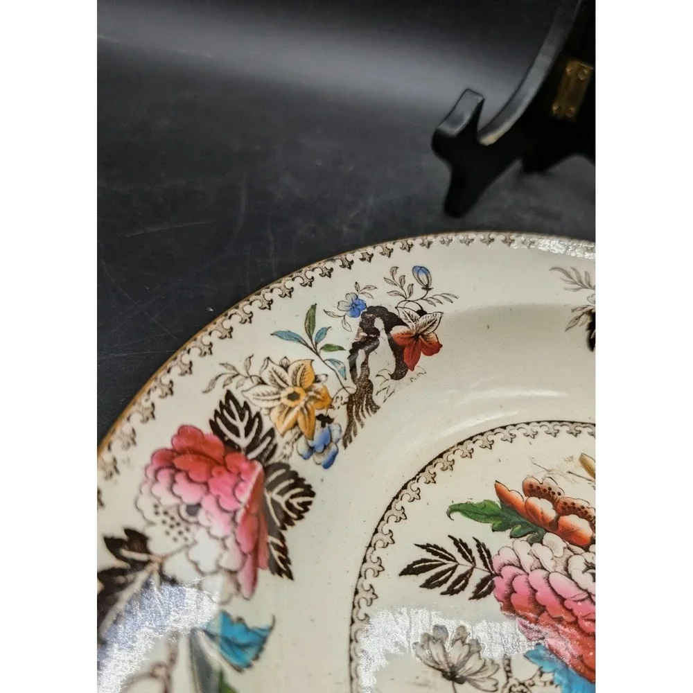 Antique‎ Wedgwood Bullfinch Ironstone Polychrome Floral Transferware Soup Bowl